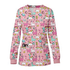 Women O-Neck Nursing Spa Scrub Uniforms Printed Scrubs Top Cartoon Medical Uniform Stretch Scrubs Top Long Sleeve Medicale Femme